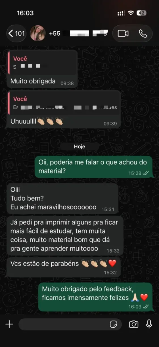 Print de WhatsApp: aluna diz que achou o material maravilhoso