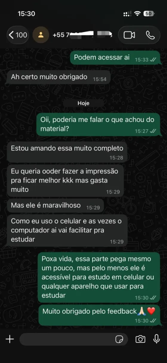 Print de WhatsApp: aluna diz que está amando o material completo