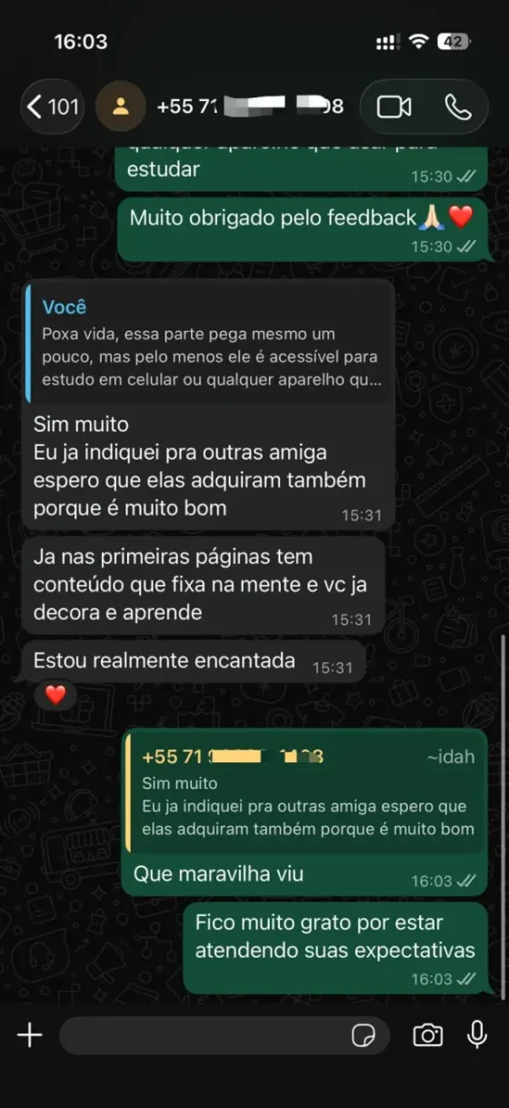 Print de WhatsApp: aluna diz que já indicou para amigas