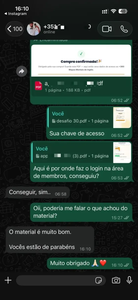 Print de WhatsApp: aluno diz que o material é muito bom